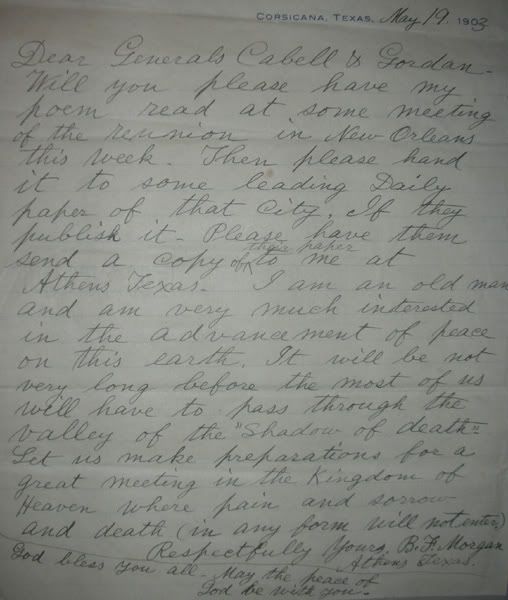 Confederate Letter By B.F. Morgan 1903
