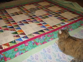 Goldie inspects the basting of Dr. Lori's quilt