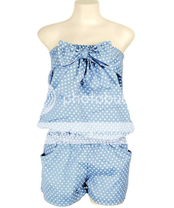 Blue Denim Polka Dot Strapless Romper Jumpsuit Playsuit S  