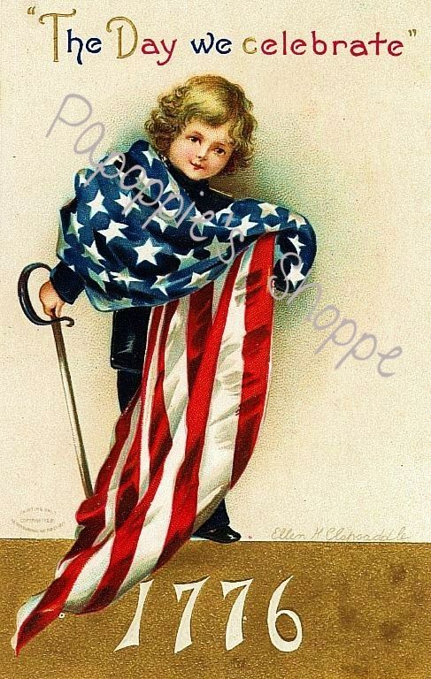 Vintage 4th of July Fabric Block Postcard Image on Independence Day Fireworks