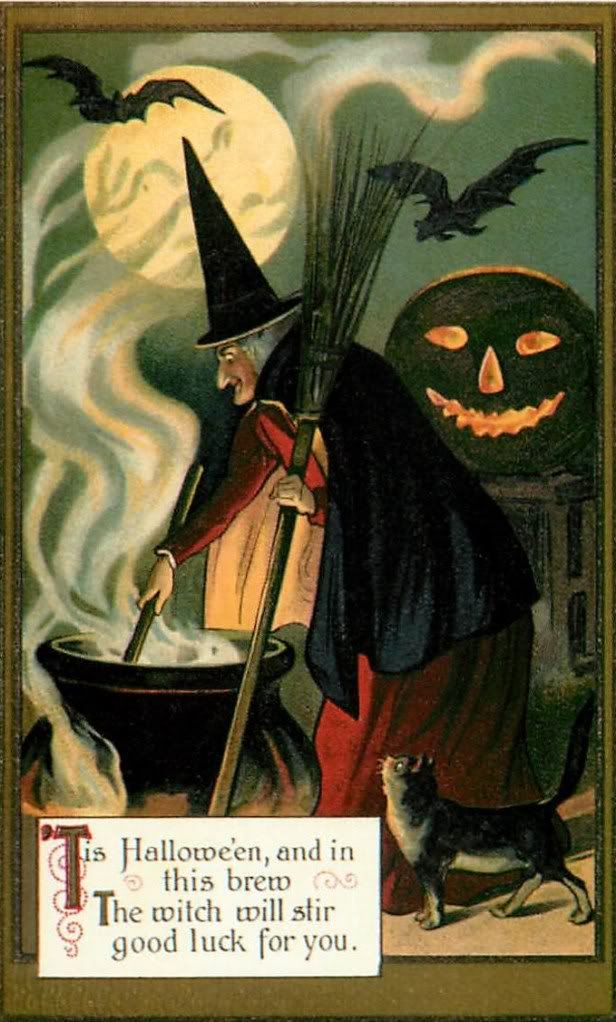 Fabric Block Halloween Vintage Image Witch Postcard on Fabric  